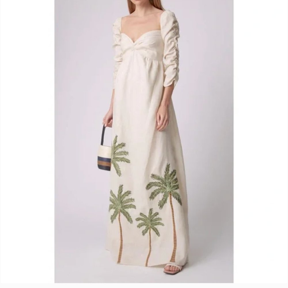 NWT Agua Bendita America Palm-Detailed Linen Dress XS